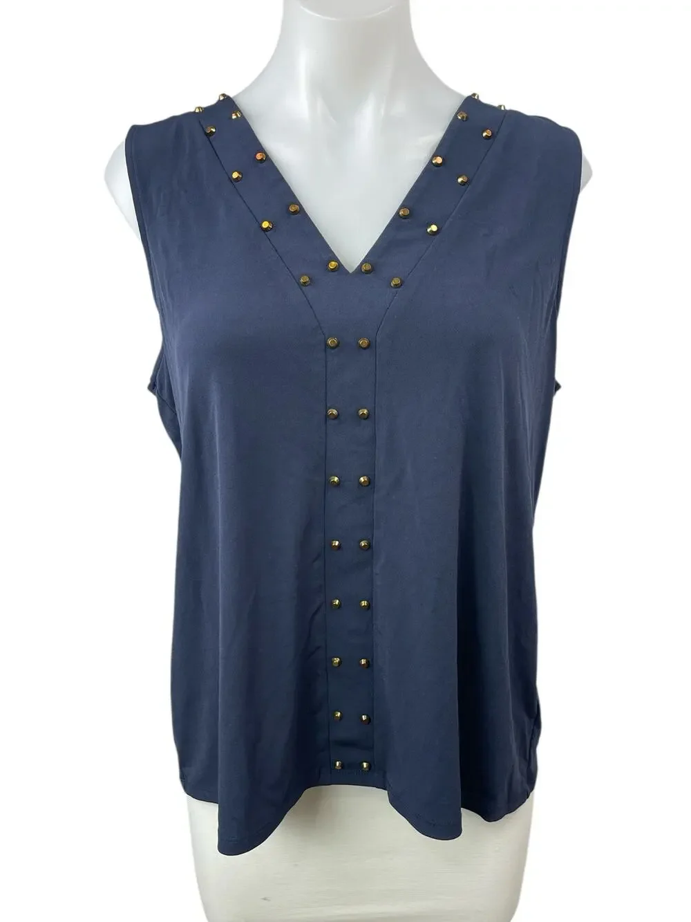 Michael Kors Navy Blue Gold Studded Sleeveless V Neck Tank Blouse Top Size L